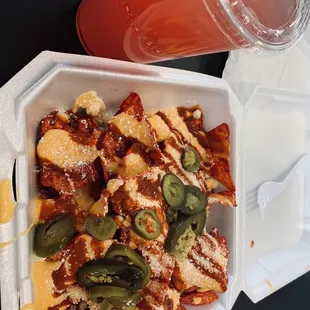 Doritos nachos and watermelon agua fresca