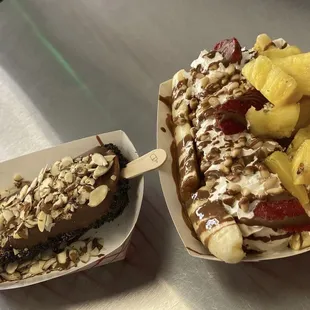 a banana split and a chocolate ice cream sundae