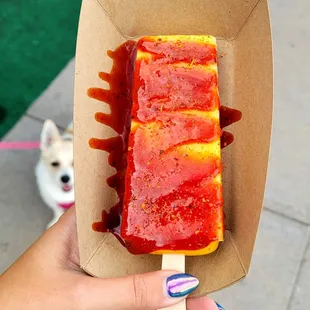 Mango paleta with watermelon &amp; mango chamoy with Tajin sprinkle. Pup not included