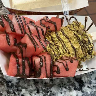 Mazapan Paleta dipped in dark chocolate and pistachios, then covered in watermelon and drizzled in more dark chocolate