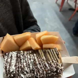 Coffee, coconut and chocolate dip with fruit