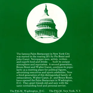 Original lunch menu of The Palm Washington, DC