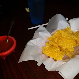 Chips and salsa. Chips are not made in house.