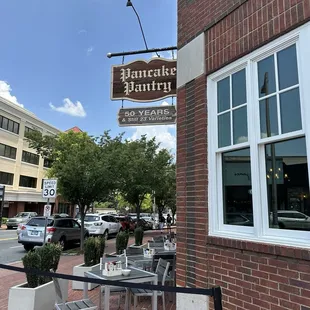 Outdoor seating and sign