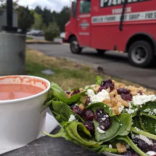 Their Tomato Basil Bisque Soup and a Spinach Salad with Raspberry Vinaigrette