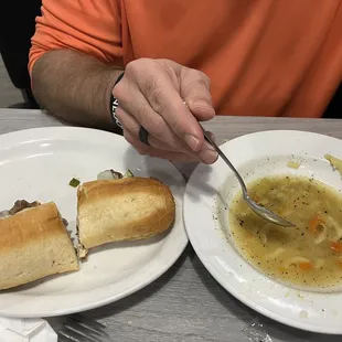Chicken noodle soup and a roast beef sub