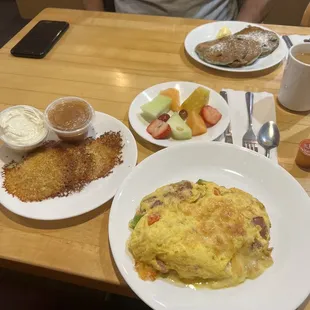 Farmers omelette , potato pancake and blueberry pancakes