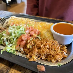 Beef Burrito with red chili.