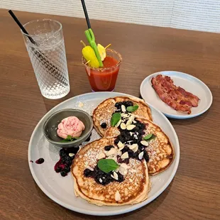 Mocktail Mary-A, 2 Piece Beef Bacon, Lemon Ricotta Pancakes