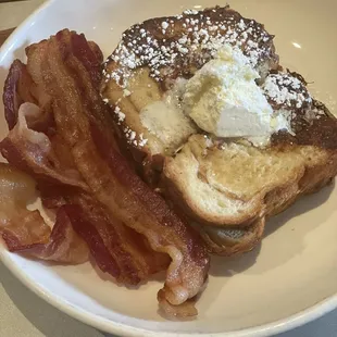 Cinnamon swirl French toast with apple wood bacon