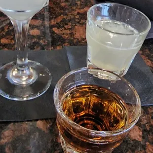 Trifecta of drinks.  Pear martini, Tres Generations tequila and a shot of Metaxa of course. What kind of Greek are you?
