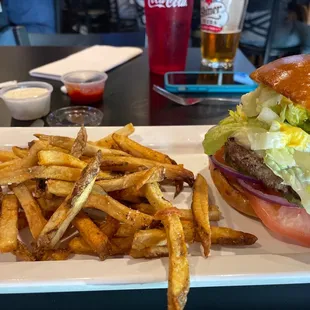 Create your own tavern burger with fresh cut fries.