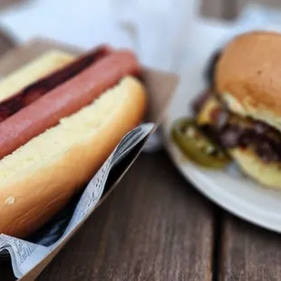 Wagyu hotdog and wagyu burger