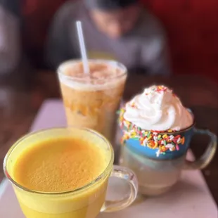 Golden Boy, Iced Salty Caramel, and The Unicorn (hot cocoa)