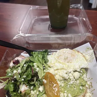 Open faced Avocado Toast and a iced matcha with extra shots of espresso