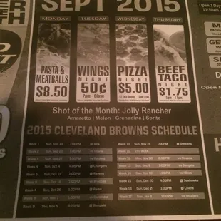 Menu for the month of September and they have trivia nights on Monday,Wednesday and Sunday
