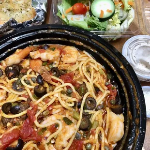 Spaghetti Puttanesca- comes with choice of soup or salad and garlic bread or breadsticks