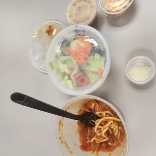 Lunch special,  spaghetti with marinara sauce and side salad.