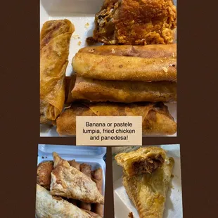 Banana and pastele lumpia, fried chicken, and panedesa!