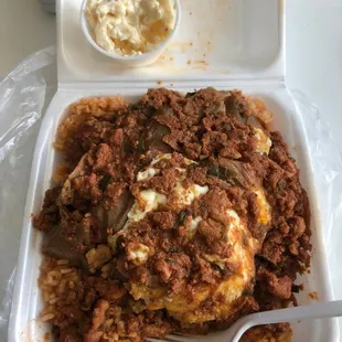 Pastele Loco Moco sub white rice for gandule rice