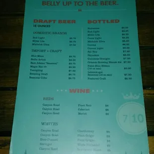 Back of the menu 10/23/15