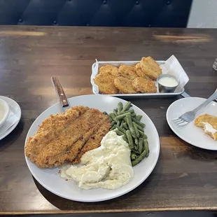 Chicken Fried Steak, mashed potatoes, green beans &amp; fried green tomatoes!