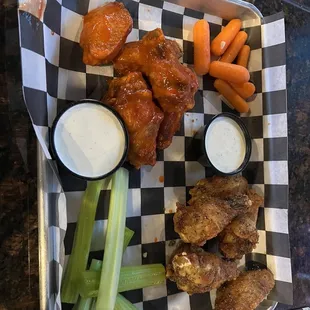 chicken wings, carrots, celery, and ranch dressing
