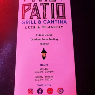 The patio grill &amp; cantina menu
