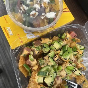 Poke nachos and beet and goat cheese side salad
