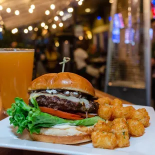 The Patio mushroom cheeseburger and garlic tots $16