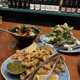 Calamari with jalapeño &amp; tomatillo sauce, Roasted Seasonal Vegetables, Beet Salad with goat cheese, pine nuts, arugula, frisée and radish.