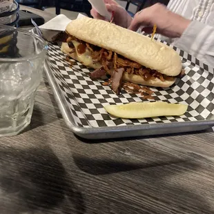 French dip was delicious. Hearty portions and I stole the pickle.