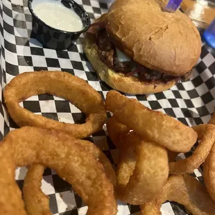 Tri-tip sandwich and onion rings