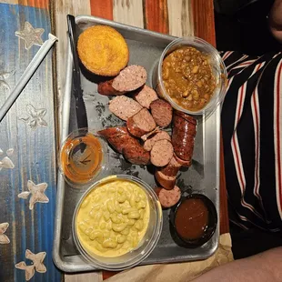 Sausage with burnt end beans and mac n cheese