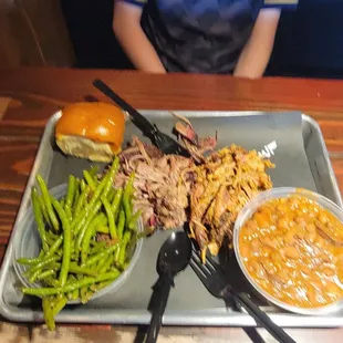2 meat tray. Pulled pork, chopped brisket, cowboy beans, and green beans