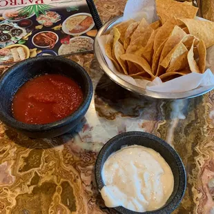 Complementary chips, salsa, and dip