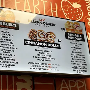 Menu, main items cobblers and banana pudding