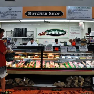 Butcher shop in rear of the store.
