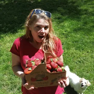 Mary is excited that it is strawberry season! Taco is too. Thanks Peach Stand!
