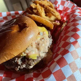 Double meat Kahuna burger with onion rings