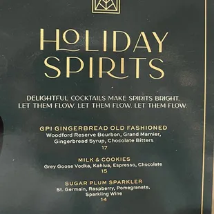 Holiday cocktail menu