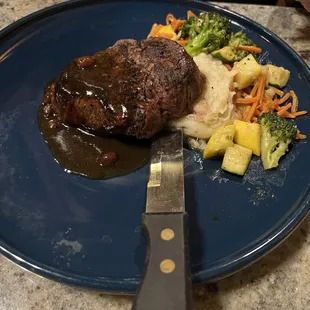 Filet mignon with cherry sauce. Perfectly cooked to medium rare, good quality meat, nice portion and good flavor.