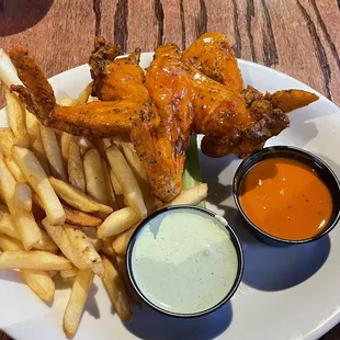 Three wings and fries, blue cheese and side of sauce