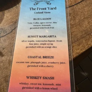 Specialty cocktails menu