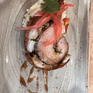 Smoked Porchetta Cilantro Basil Pesto Mexican Street Style Corn Risotto Mole Rojo Sauce Chef de Cuisine Marisol