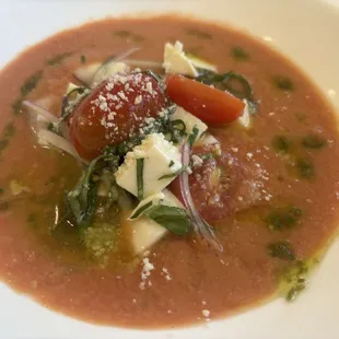 "Soup and Salad" Salad Caprese, Chilled Gazpacho Mozzarella, Aged Balsamic Vinaigrette, Pesto Drizzle