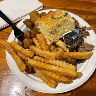 Brisket.  Fried okra. Fries. Cornbread