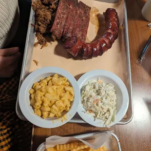 Sausage, ribs, pulled pork, and sides