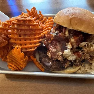 Burger with chop smoked pork w/ sweet potato fried
