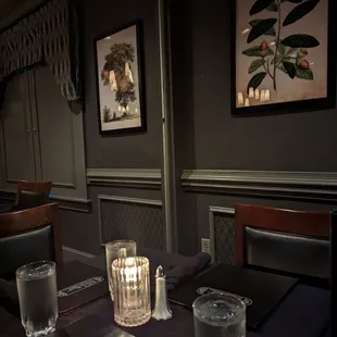 a candle and glasses on a table